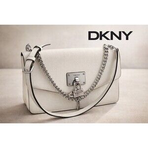 DKNY Leather Crossbody Bag White Silver Chain Lock Flap Designer Shoulder Purse